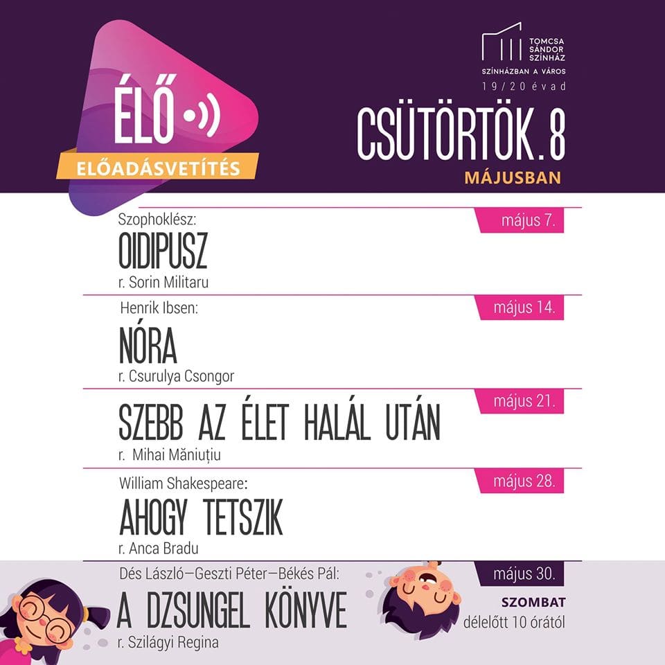 A Tomcsa Sándor Színház májusi online előadássorozata